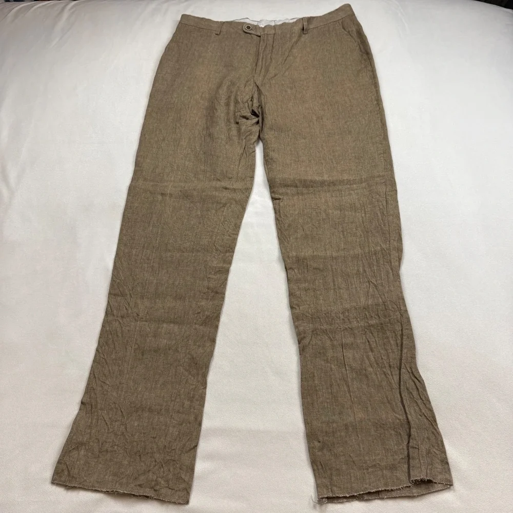 Joseph Abboud Heritage Pants Mens 38W Brown 100% Linen Leomaster Italian Fabric